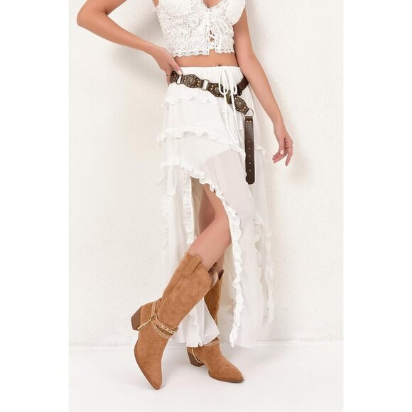 🆕Women Brown Cowboy Boot with Chain Pointy Toe Heel Pull on Style Western Boots - Picture 8 of 9